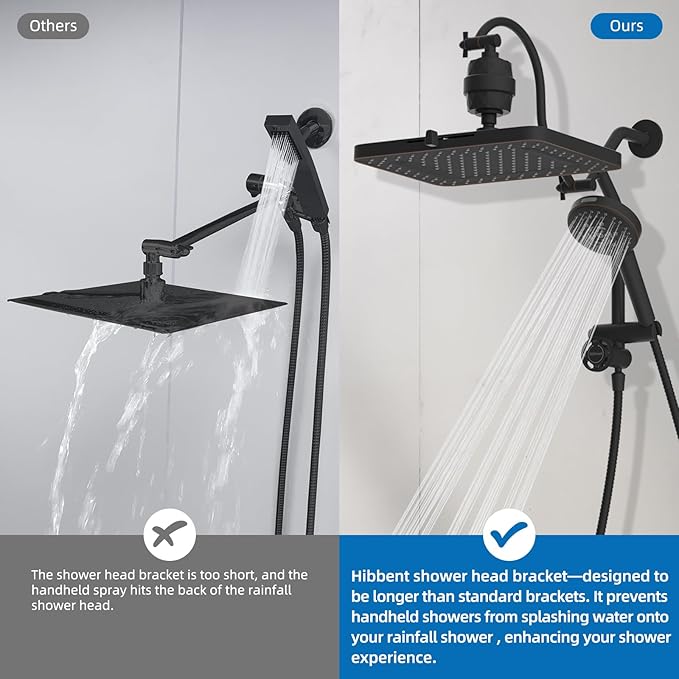 Hibbent 5-spray Dual Filtered Rainfall Shower Head Combo, High Pressure 13'' Showerhead with 10 Spray Handheld, Easy Reach 4-way Diverter Arm with Pause Mode, 71'' Hose & Holder, Oil-Rubbed Bronze