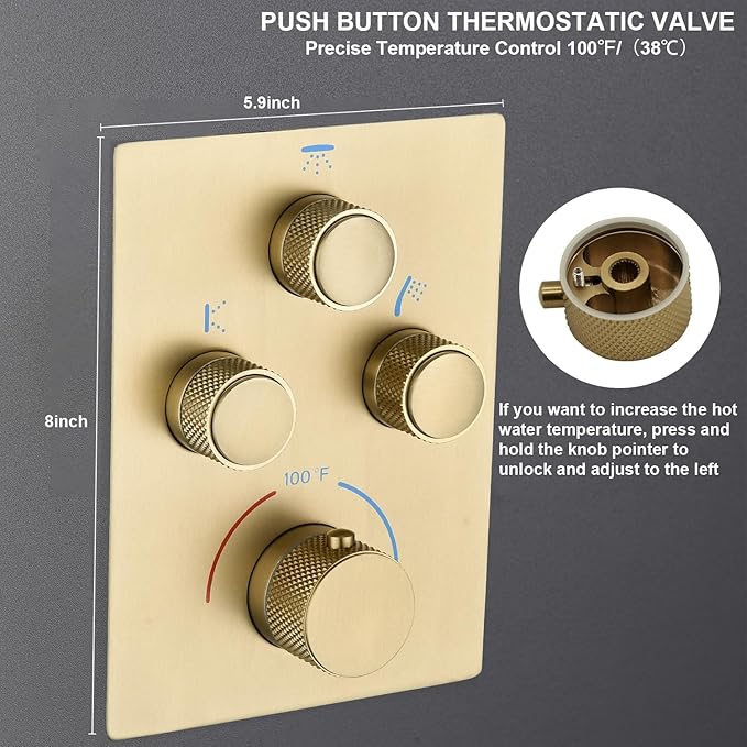 Modern Push Button 3 Way Thermostatic Shower Valve, Concealed 3 Outlet Multi Function Brass Mixer Shower Diverter Valve Kit Can Control Flow and On-Off Simultaneously, Brushed Gold