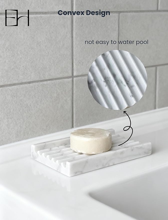 Marble Soap Dish - Soap Dish for Shower, Shower Bar Soap Holder, Stone Soap Container for Marble Bathroom Accessories, Decorative Dish with Drainage (Calacatta White, Rectangular)