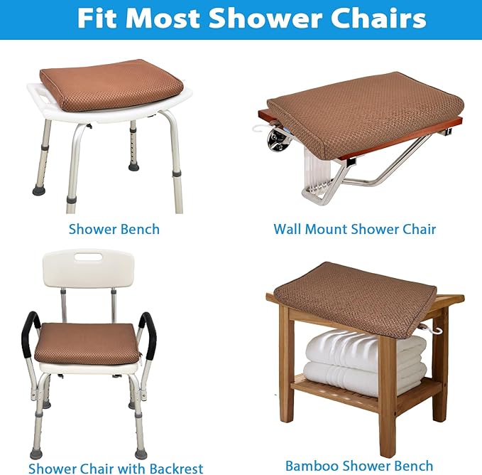 AEROiVi Shower Seat Cushion, Shower Chair Cushion for Transfer Benches in Bathtub, Cushion for Sauna, 3D Mesh Pad with Hook, Slip-Resistant, Design for Elderly, Senior, Handicap Disabled