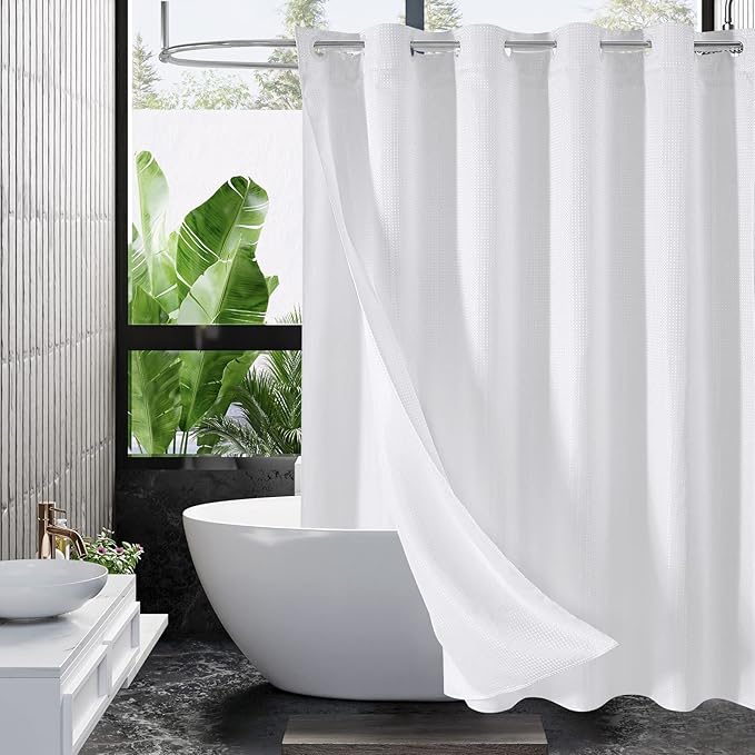 MitoVilla No Hooks Need White Waffle Shower Curtain Liner Set, Modern Waffle Weave Fabric Shower Curtains with Snap-in Liner for Luxury Hotel Grade Spa-Like Bathroom Decor, 72 x 74