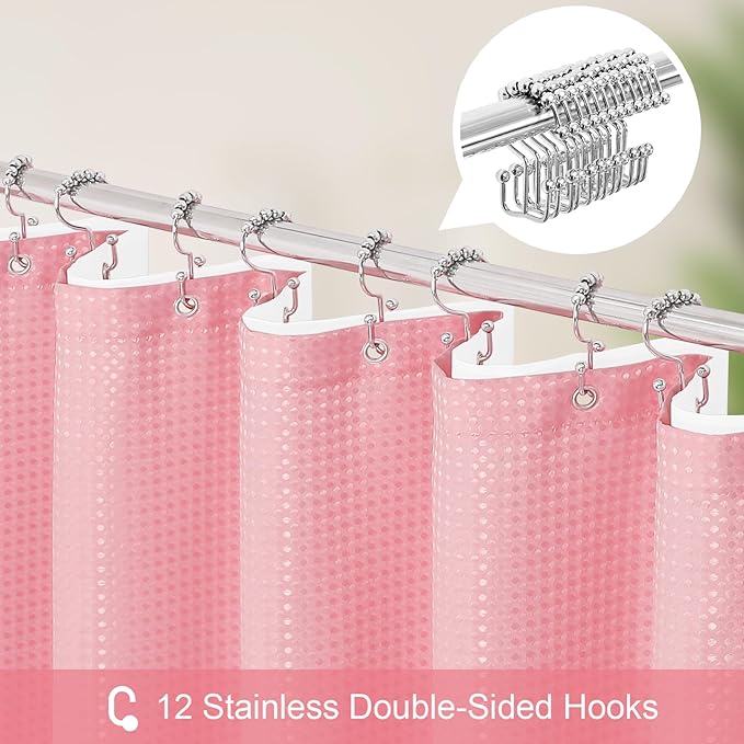 3 in 1 Long Pink Shower Curtain Set-72 W x 78 H, Modern Waffle and PEVA Liner Set with 12 Stainless Steel Hooks, Waterproof Fabric for Bathroom