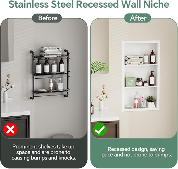 Stainless Steel Recessed Medicine Cabinet 14''*24'', Rust-Proof Metal Wall Niche, in Wall Shower Niche Shelf Insert Replacement, Recessed Medicine Cabinets for Drywall, Bathroom Storage, White