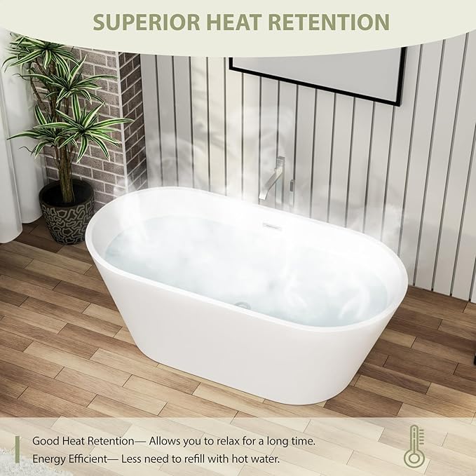 Mocoloo 59 Inch Freestanding Bathtub - Acrylic Soaking White Tub for Bathroom Stand Alone Ergonomic Modern Bathtub with Overflow and Stianless Offset Drain