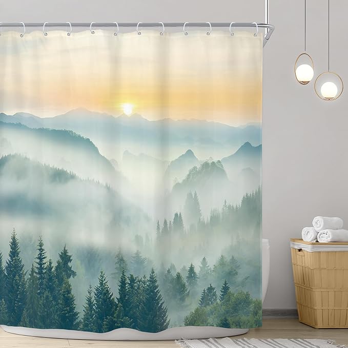 Riyidecor Extra Long Mountain Shower Curtain 72Wx84H Inch Green Yellow Sunrise Sunset Misty Scenery Landscape Nature Woodland Greenery View Bathroom Decor Fabric Polyester Waterproof 12 Pack Hooks