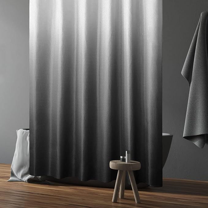 Gibelle Long Shower Curtain 72 x 78, Tall Black Ombre Shower Curtain for Bathroom, Waffle Weave Fabric Shower Curtain Set with Hooks, Water Repellent, Machine Washable