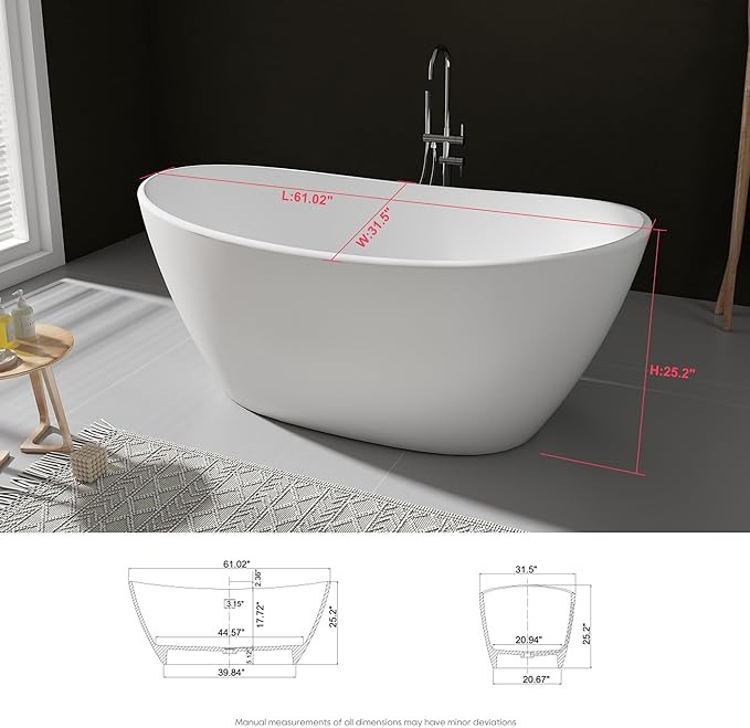 SJ STAR&JANE 61" Solid Surface Freestanding Bathtub Stone Resin Tub Oval Double Slippers Stand Alone Soaking Tub with Pop-up Drain and Overflow, Matte White