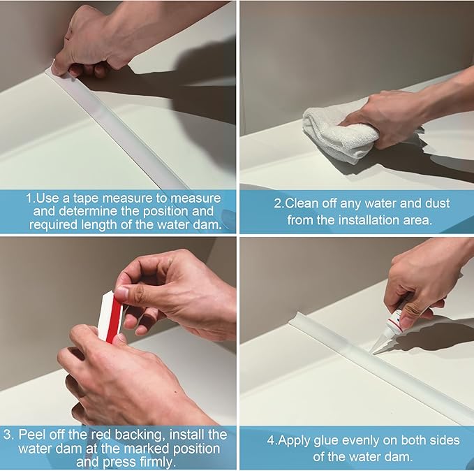 98Inch Shower Threshold Water Dam, Self-Adhesive Silicone Shower Barrier Water Stopper Shower Door Bottom Seal Strip Shower Splash Guard for Bathroom Kitchen Bathtub