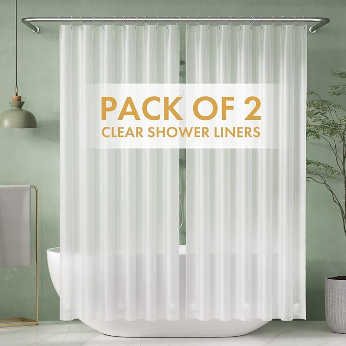 AmazerBath 2 Pack Thin Shower Curtain Liners, 72 x 78 Inches PEVA 3G Shower Curtains with Stones and 12 Grommet Holes, Waterproof Thin Plastic Liners- Frosted