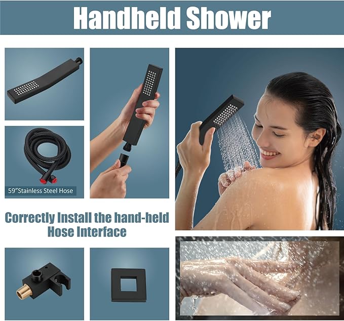 Aolemi Shower Faucet Set Rain Shower System with Handheld Spray Bathroom Shower Combo Rough-in Valve and Shower Trim Kit Included Matte Black 10 Inch Wall Mount Shower Head