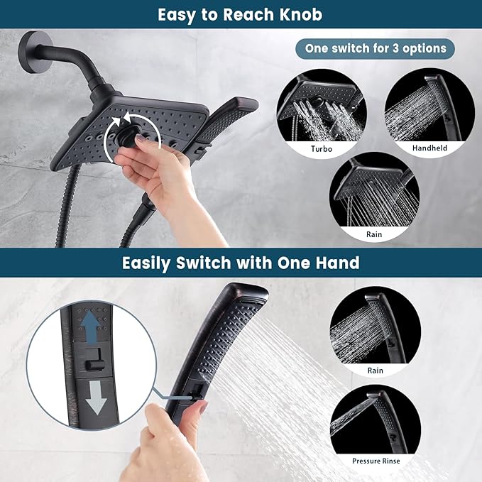 BRIGHT SHOWERS High Pressure Shower Head with Handheld, Oil Rubbed Bronze Dual Showerhead Combo with Rainfall Spray, Detachable Hand Held Shower, 60" Stainless Steel Hose