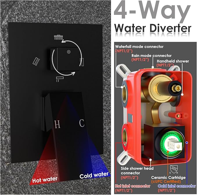 ENGA Shower System with Tub Spout, Bathtub Shower Faucet Combo Set - 10" & 6" Square Rain Shower Heads with 2 in 1 Handheld Spray, 4 Way Water Diverter, Matte Black