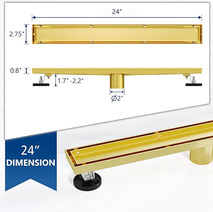 Neodrain 24-Inch Gold Linear Shower Drain with Tile Insert Cover, Golden 304 Stainless Steel Rectangle Shower Floor Drain, Linear Drain with Leveling Feet, Hair Strainer, CUPC Certified