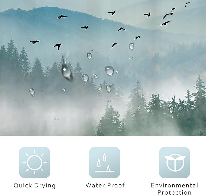 Riyidecor Extra Wide Green Mountain Shower Curtain 108Wx72H Inch Rustic Nature Scenery Foggy Pine Tree Landscape Woodland Natural Botanical Bathroom Decor Fabric Polyester Waterproof 18 Metal Hooks