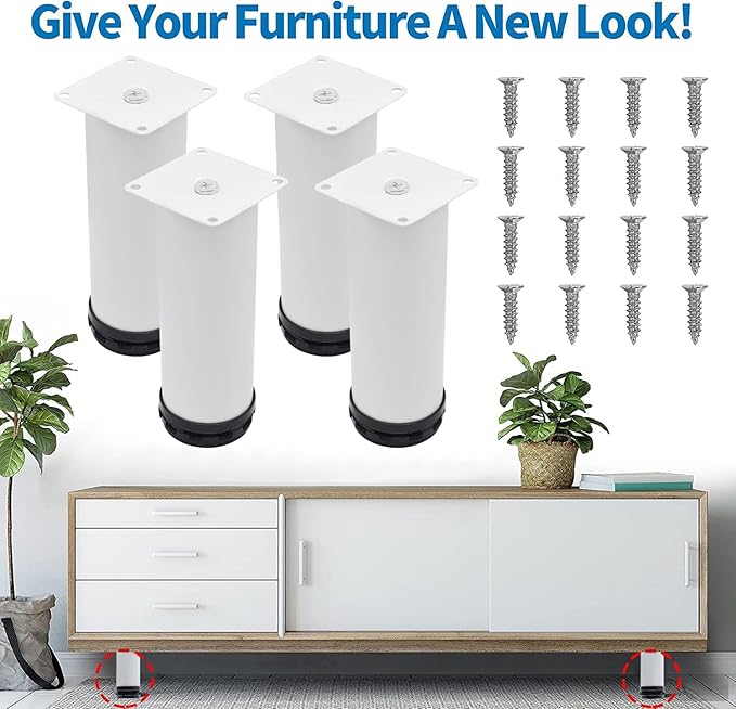 6 Inch Metal Furniture Legs Stainless Steel Adjustable Legs White Metal Legs Round Cabinet Legs for Coffee Table Cabinet Desk Sofa Shelves, Pack of 4