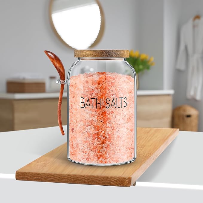 1 Piece 94 oz Bath Salts Glass Jar with Wooden Lid, Bath Salt Container with Scoop, Airtight Storage Bathtub Accessories for Women