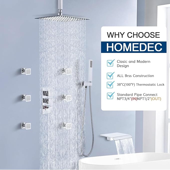 HOMEDEC Brass 4 Ways Shower Diverter Valve, Thermostatic 4 Outlets 3 Handles Control Shower Mixing Valve Trim Kit Replacement, Rough In, Chrome