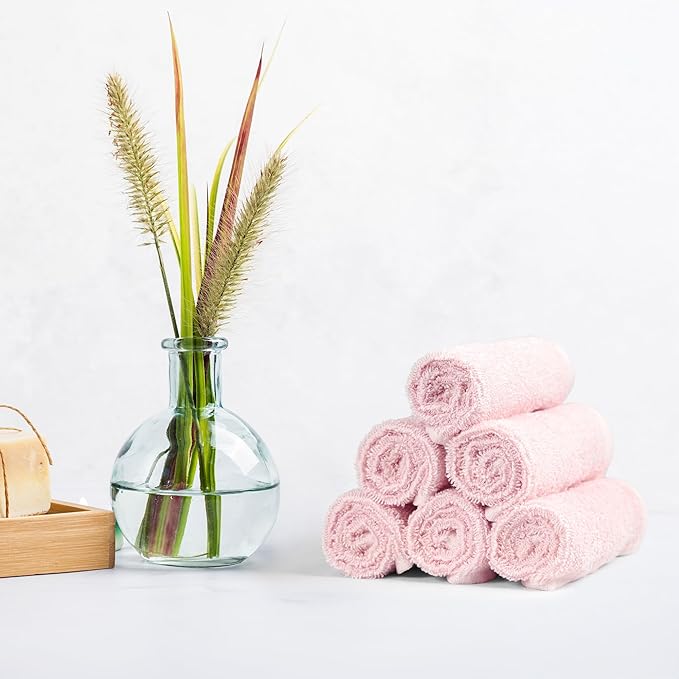 Amazon Basics face Towels for bathroom, 100% Cotton Extra Absorbent washcloth , Fast Drying - salon towel - 24 Pack Petal Pink (12 x 12 inches)