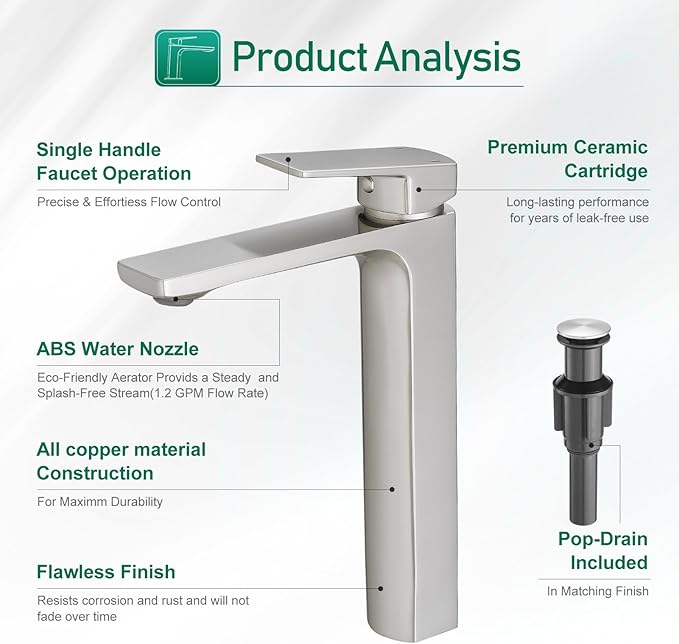 VOTON Brushed Nickel Vessel Sink Faucet Single Handle Tall Bathroom Sink Faucet Vanity Bathroom Faucet Basin Mixer Tap with Water Supply Hose and Pop Up Sink Drain