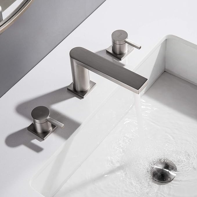 Luxury Brass Widespread Bathroom Sink Faucets with Copper Valve for 3 Hole 2-Handle 8 Inch Deck Bathroom Vanity Faucet, &Stainless Steel Pop-up Drain Assembly, Brushed Nickel