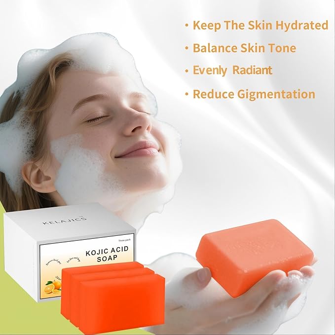 Kojic Acid Soap Bars with Retinol, Collagen, Vitamin C, Fresh Orange Scent for Face and Body, Moisturizes, Smooth and Evenly Radiant (3 Pack)