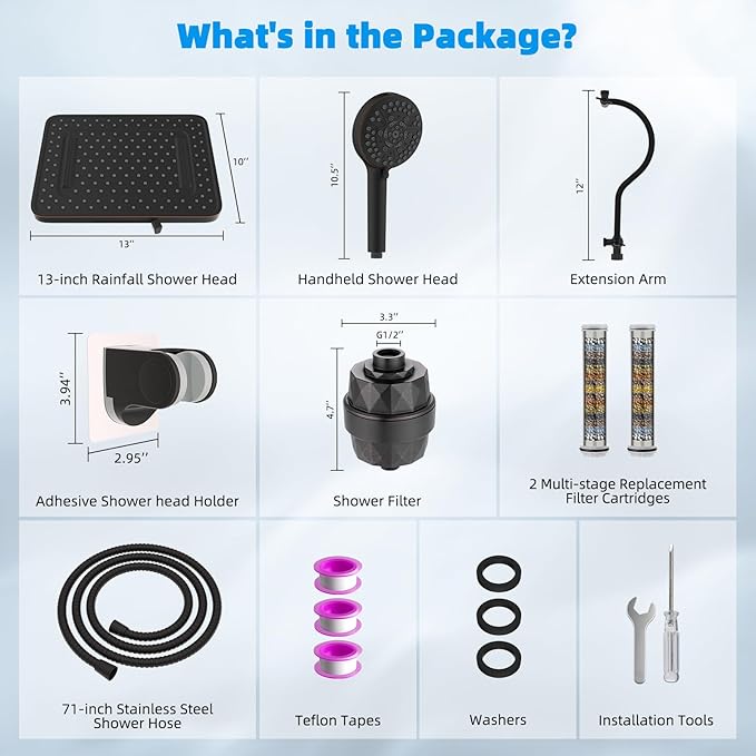 Hibbent 5-spray 13'' Dual Filtered Rainfall Shower Head Combo, High Pressure 10-setting Handheld Shower Head with 12'' Adjustable Extension Arm, 20 Stage Shower Filter, 71'' Hose, Oil Rubbed Bronze