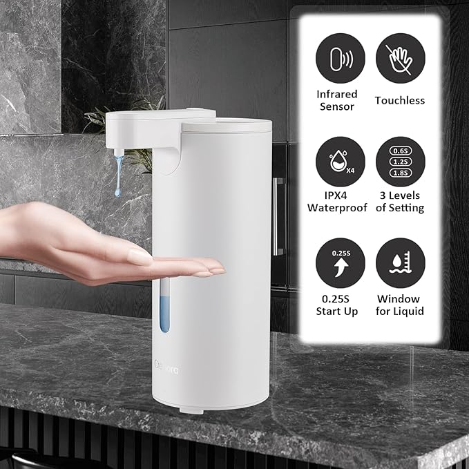 Automatic Soap Dispenser, Automatic Soap Dispenser Touchless, Kitchen & Bathroom, 3 Adjustable Volume for Liquid Soap, Water-Resistant, Hotel, Restaurant and School, Clog-Free, White