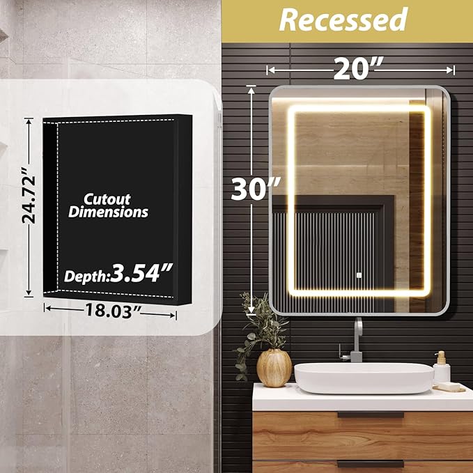 APRILSOUL 20X30 Inch Silver Bathroom Medicine Cabinet with Mirror, Recessed or Surface Lighted Medicine Cabinet with 3 Colors Temperature, Dimmable Light