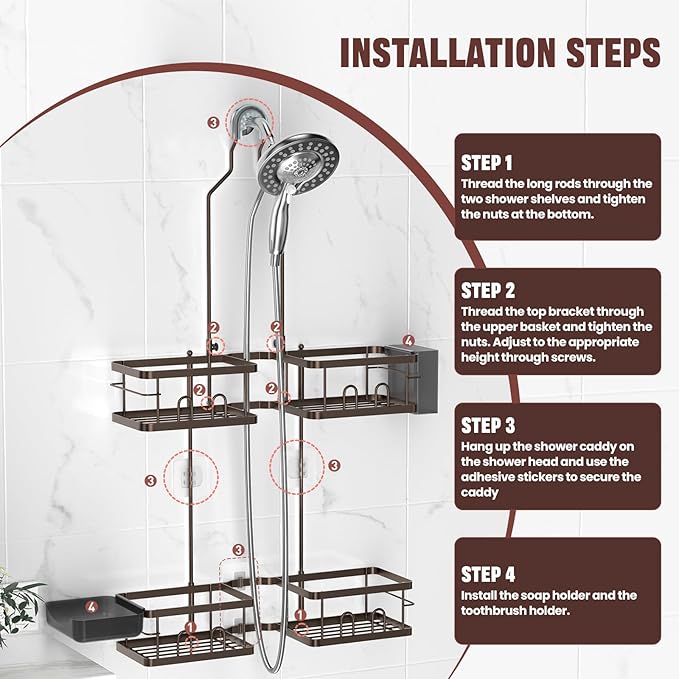 REINHARDT Adjustable Shower Caddy Hanging Rustproof Shower Caddy for Handheld Showerheads, Shower Organizer with Hooks Soap Holder, Anti-Swing Shower Rack Bathroom Accessories, Bronze