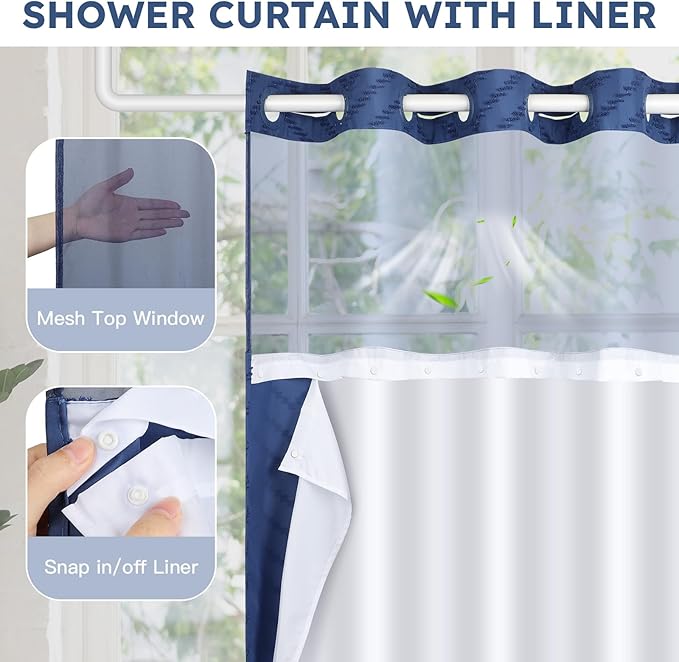 No Hook Shower Curtain and Snap in Liner Set Navy Blue Tufted Chevron Striped Cloth Waterproof Washable Fabric Boho Bath Curtain with See Through Mesh Top Window for Bathroom Hotel 71" x 86"