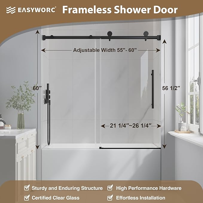Bathtub Shower Door Frameless, 55-60" W x 60" H Sliding Tub Shower Door, 1/4''(6mm) SGCC Tempered Glass with Explosion-Proof Film Nano Coating, Stainless Steel Hardware, Matte Black