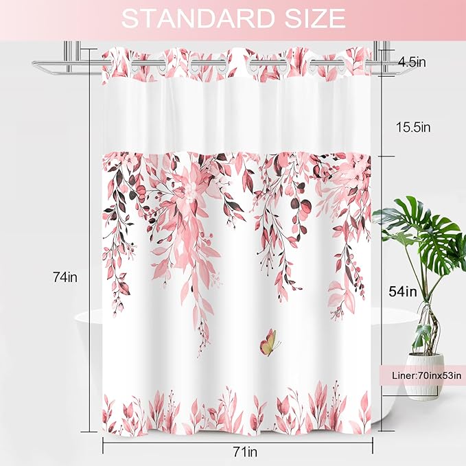 No Hook Shower Curtain and Liner Set, Pink Eucalyptus Floral Shower Curtains for Bathroom, Bath Curtain Sets with Snap in Liner, Waterproof with See Through Top Window, 71x74 Inches