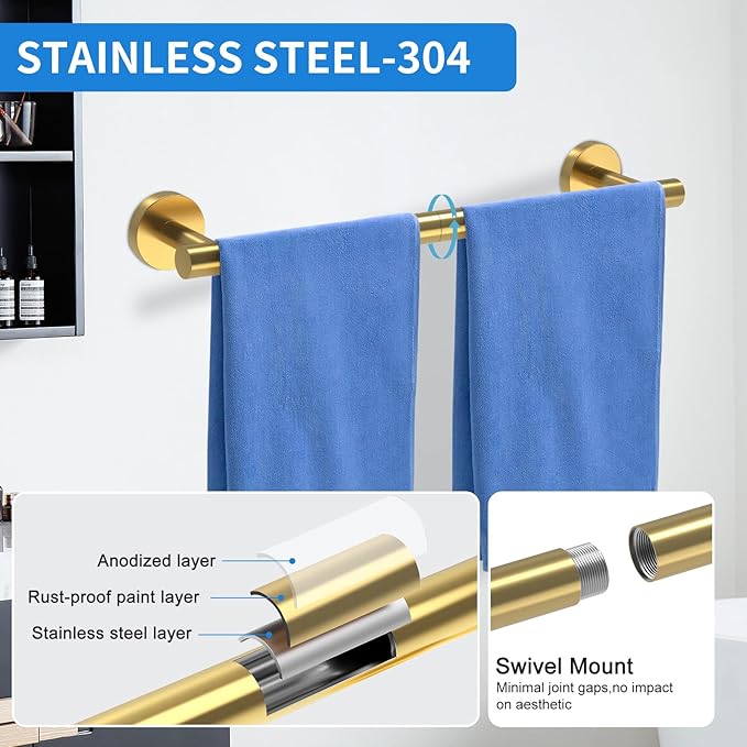 Brushed Gold Bathroom Accessories, Bathroom Hardware Set, SUS304 Stainless Steel Bathroom Towel Holder Set, 24 Inch Towel Bar Set 5 Pcs, 2 Towel Hooks, Toilet Paper Holder, Towel Ring