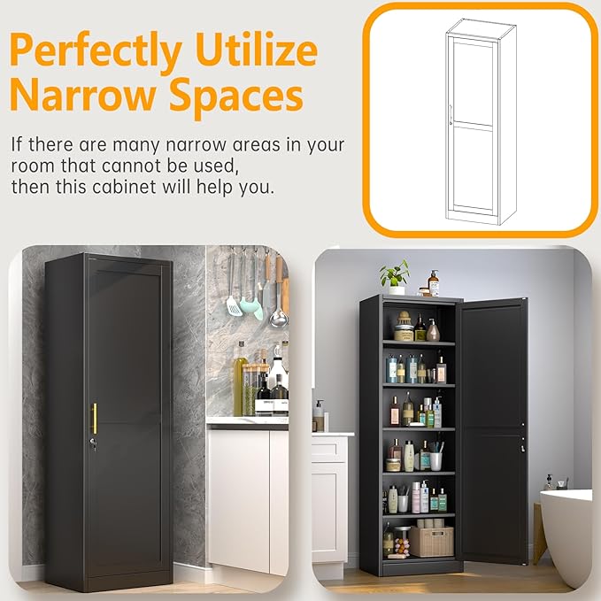 Metal Locker Tall Narrow Storage Cabinet, 67" H Locking Tool File Cabinets Snack Locker Organizer for School Classroom,Bedroom,Gym Home Office,Entryway and Hallway (20" W 1Door Black)