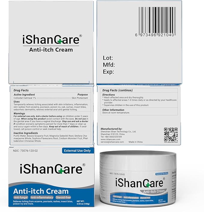 ishancare Anti Itch Cream Extra Strength, Oatmeal Soothing Skin Itch Relief Ointment for Rash, Dermatitis, Eczema, Psoriasis, Hives, Sun, Bites, Poison Ivy, Large Can 3.5 oz