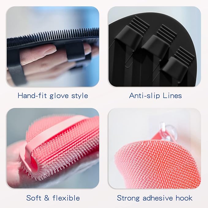Manmihealth 4 Pack Soft Silicone Shower Brush, Super-Lathering and Deep-Cleaning Body & Face Scrubber, Gentle Exfoliating Bath Glove for All Skin Types, with Free Hooks (Black+Pink)*2