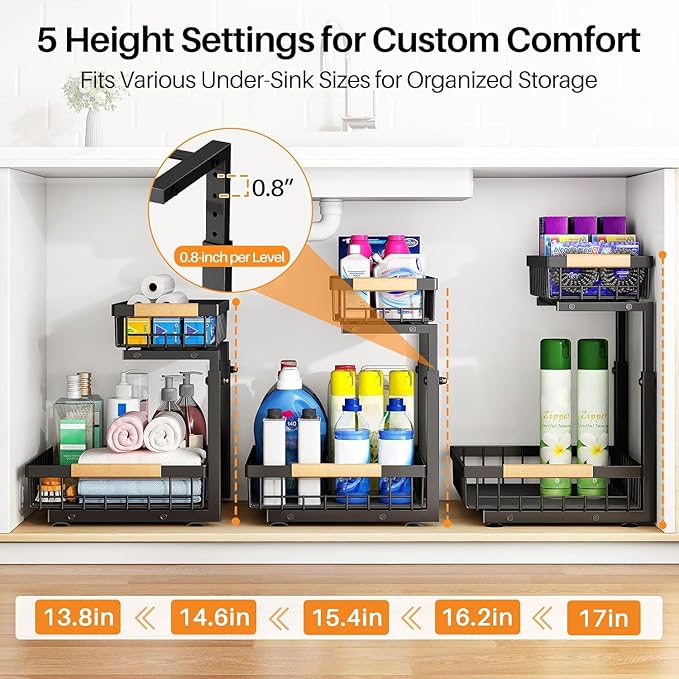PXRACK 1 Pack Under Sink Organizer,Adjustable Height,2 Tier Pull Out Under Cabinet Organizer,Slide Out Thickened Metal Under Sink Storage for Kitchen Bathroom Laundry Cabinet Pantry,Black(L)