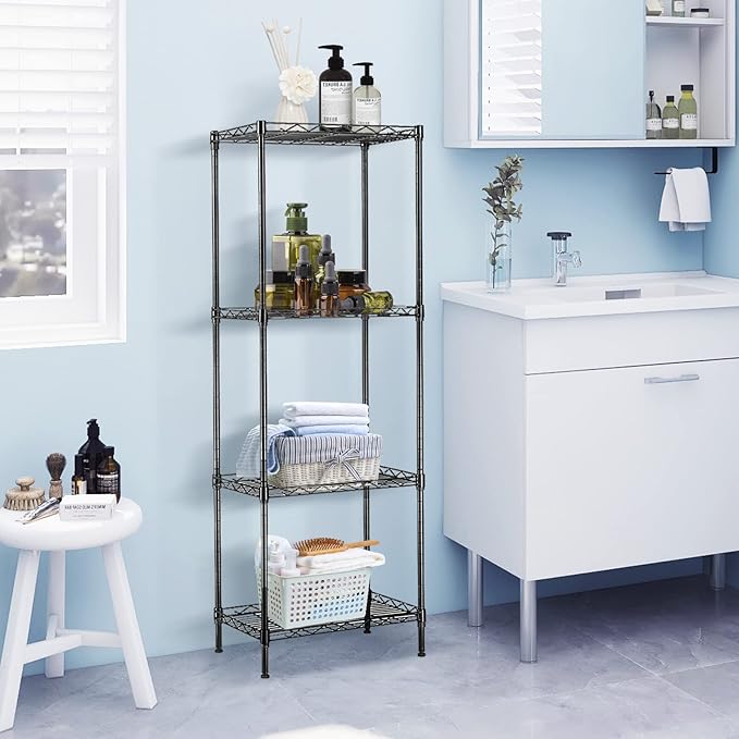 BNSPLY 4 Tier Wire Shelving Unit, Height Adjustable Wire Shelves, Metal Storage Rack Organizer for Laundry, Kitchen, Bathroom, Pantry, Closet (11.8" D x 17.7" W x 49.6" H, Black)