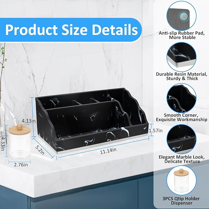 Bathroom Counter Organizer, Black Marble Toothbrush Holders for Bathrooms Organizer Countertop with 3PCS Qtip Holder, Toothbrush and Toothpaste Holder for Bathroom Organization Storage Vanity