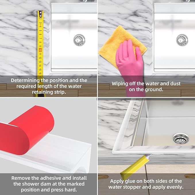 98Inch Collapsible Shower Threshold Water Dam Barrier, Self Adhesive Silicone Waterproof Shower Barrier Water Strip Dam for The Gap Between the Shower Kitchen Countertop Sink and Cooktop