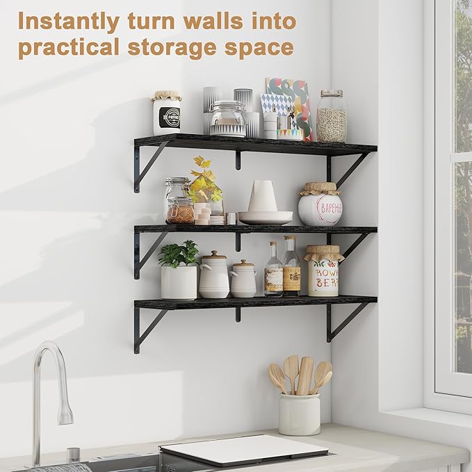 Fun Memories Floating Shelves, 32 x 8 Inches, Set of 3 Wall-Mounted Bookshelves with Metal Brackets, Decorative Storage for Home and Office (Black)