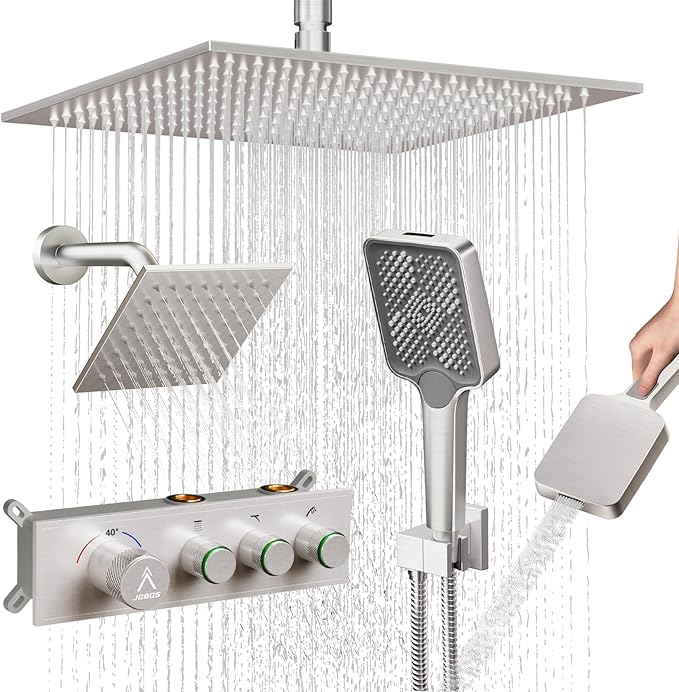 Shower System Brass Thermostatic Shower Faucet Set With Valve and Diverter Shower Mixer With Rain Head and Handheld High Pressure Square Rainfall