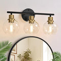 2025 Upgrade 3-Light Bathroom Light Fixtures, Black and Gold Bathroom Lights Over Mirror with Clear Glass Globe Shade, Vanity Lights for Bathroom Kitchen Living Room Hallway Cabinet Bedroom Porch