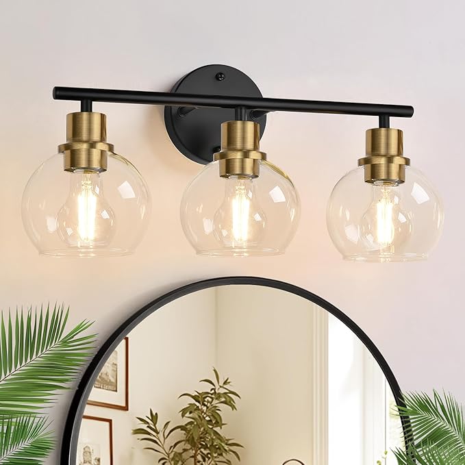 2025 Upgrade 3-Light Bathroom Light Fixtures, Black and Gold Bathroom Lights Over Mirror with Clear Glass Globe Shade, Vanity Lights for Bathroom Kitchen Living Room Hallway Cabinet Bedroom Porch