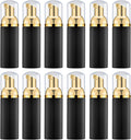 2 Oz Foam Pump Bottle (12PCS). Empty Foaming Soap Dispenser for Refillable Travel Liquid Hand Soap, Body Wash, Eyelash Shampoo. BPA Free Mini Pocket Size(Black&Gold Pump&Clear Cap)