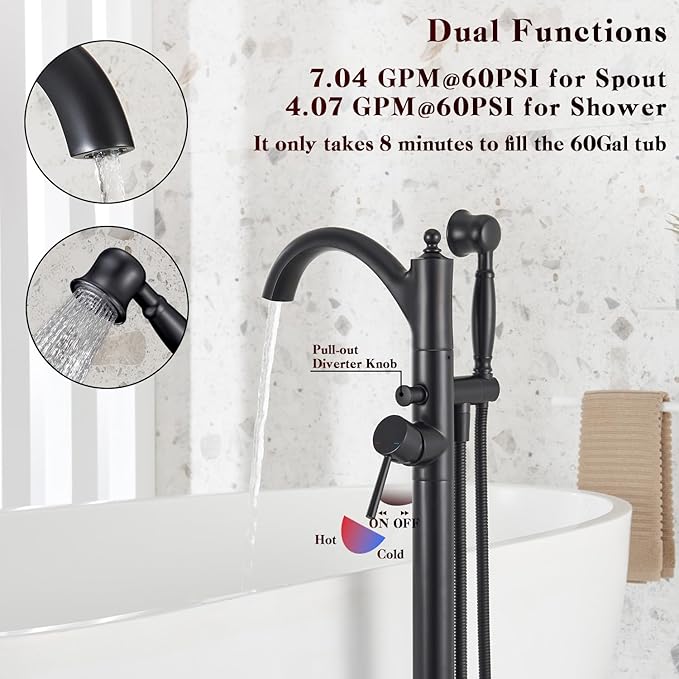 Freestanding Bathtub Faucet, Matte Black Classic Free Standing Tub Faucet with Vintage Handheld Sprayer High Flow Max 7.04GPM Floor Mounted Tub Filler (WT-9002BK)