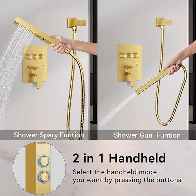 Brushed Gold Shower System, STARBATH 12+8" Rainfall Shower System with Square Shower Head and Handle Set Ceiling Mount, Can Use All at Once Push Button Diverter Pressure Balancing Valve with Trim Kit