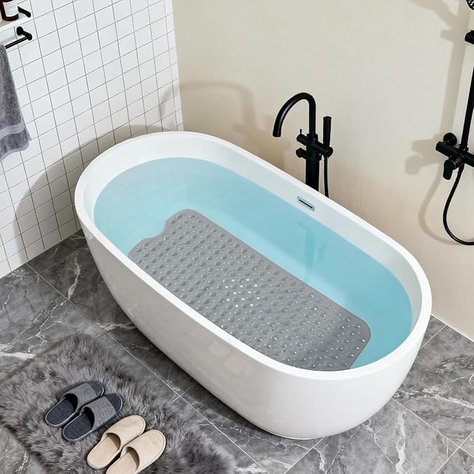 Anti-Slip Bathtub Shower mat, 39.3×15.7 inch（Approximately 100 × 40cm） Soft Oversized Machine Washable Non-Slip Bathtub mat with Drainage Holes, Bathroom Floor Suction Cup.（1-Opaque Gray）