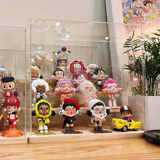 Choowin 5 Tier Clear Acrylic Display Case for Collectibles, Mini Figures, Pop Mart, Labubu, Sonny Angel, Smiski - Assemble Dustproof Acrylic Display Box with Door, Stand (Wood Base Step)
