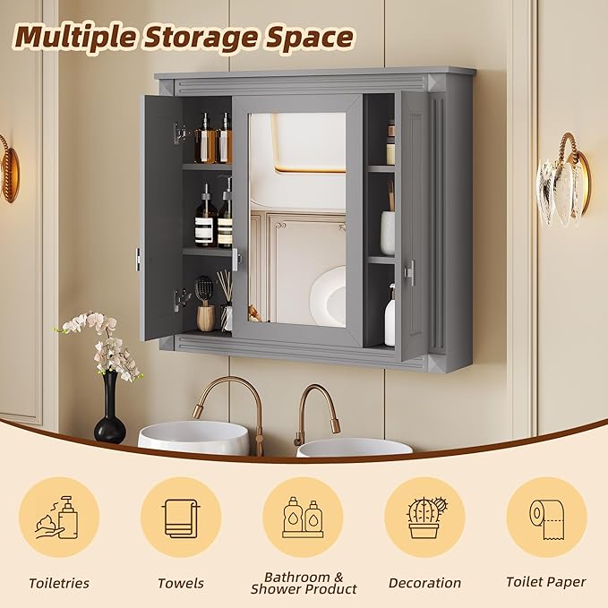 Merax Wall Mounted Bathroom Medicine Cabinet with Mirror, Bathroom Wall Cabinet with Doors and Shelves, 34" x 29" Mirrored Door Over Toilet Storage Cabinet, Black